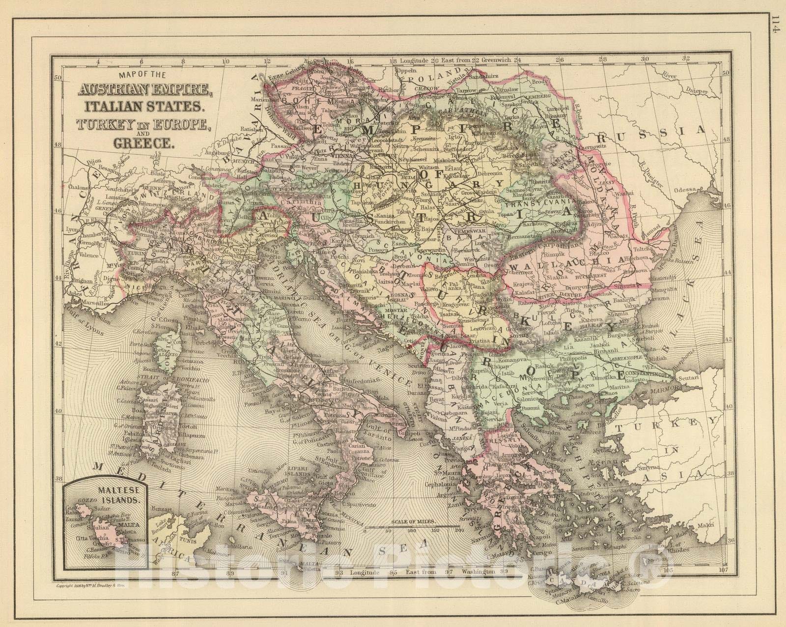 Historic Map : 1886 Austrian Empire, Italy, Turkey in Europe, Greece. - Vintage Wall Art