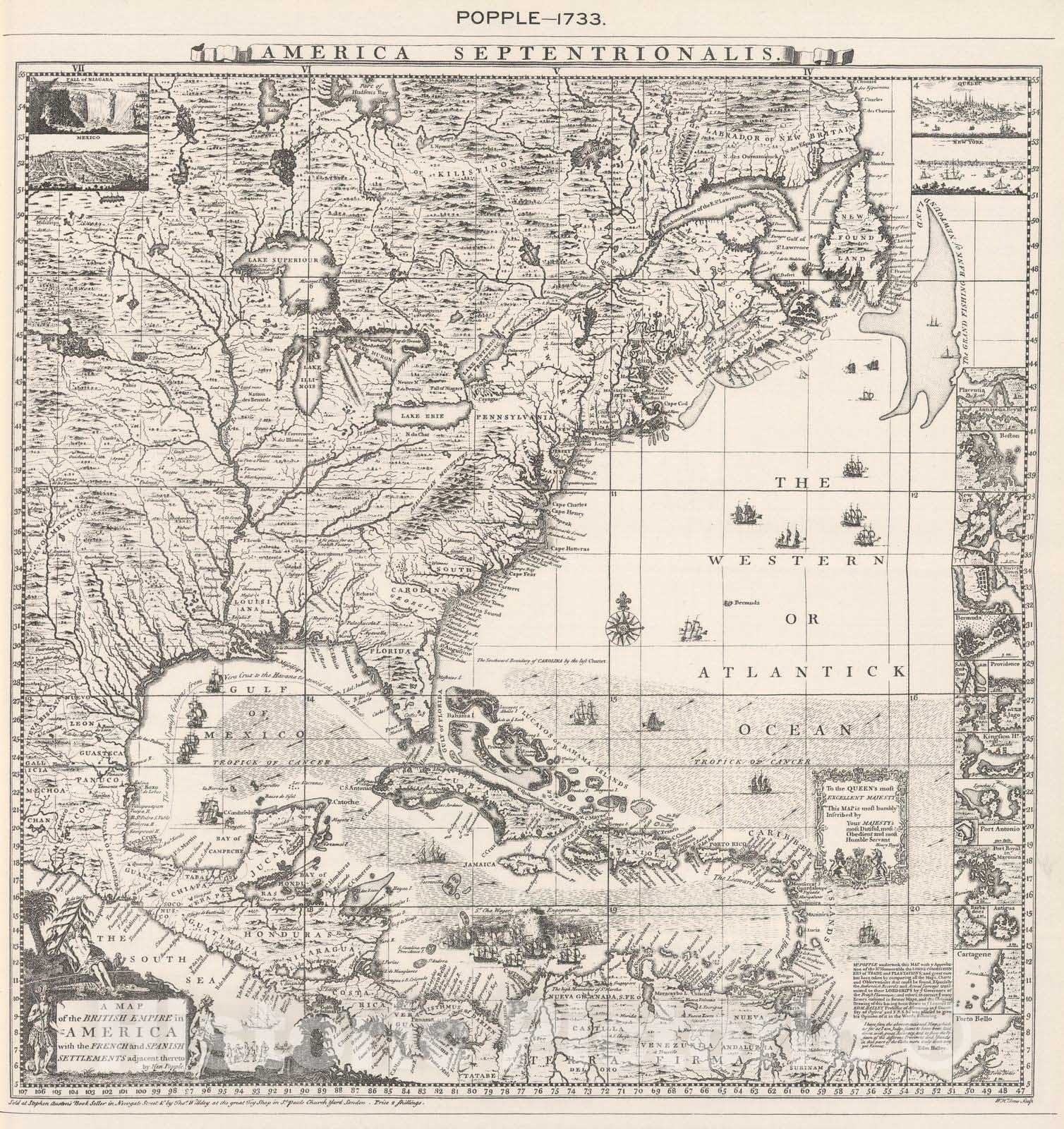 Historic Map : National Atlas - 1733 British Empire in America by Popple. - Vintage Wall Art