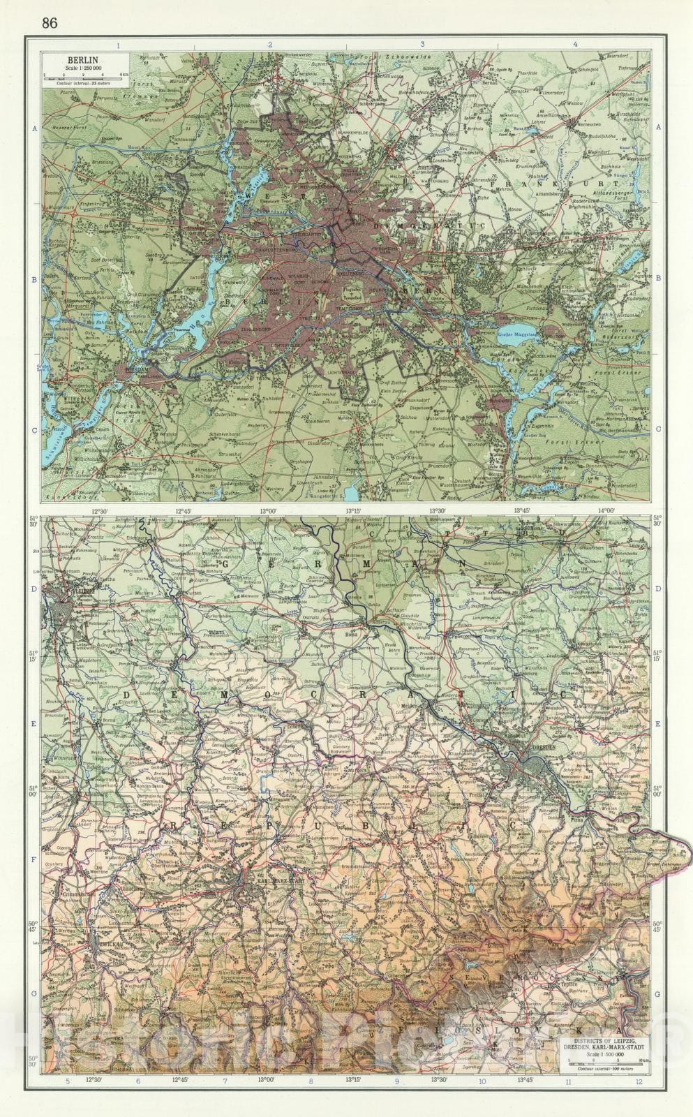 Historic Map : Berlin , Germany, 1967 86. Berlin, Districts of Leipzig, Dresden, Karl-Marx-Stadt. The World Atlas. , Vintage Wall Art