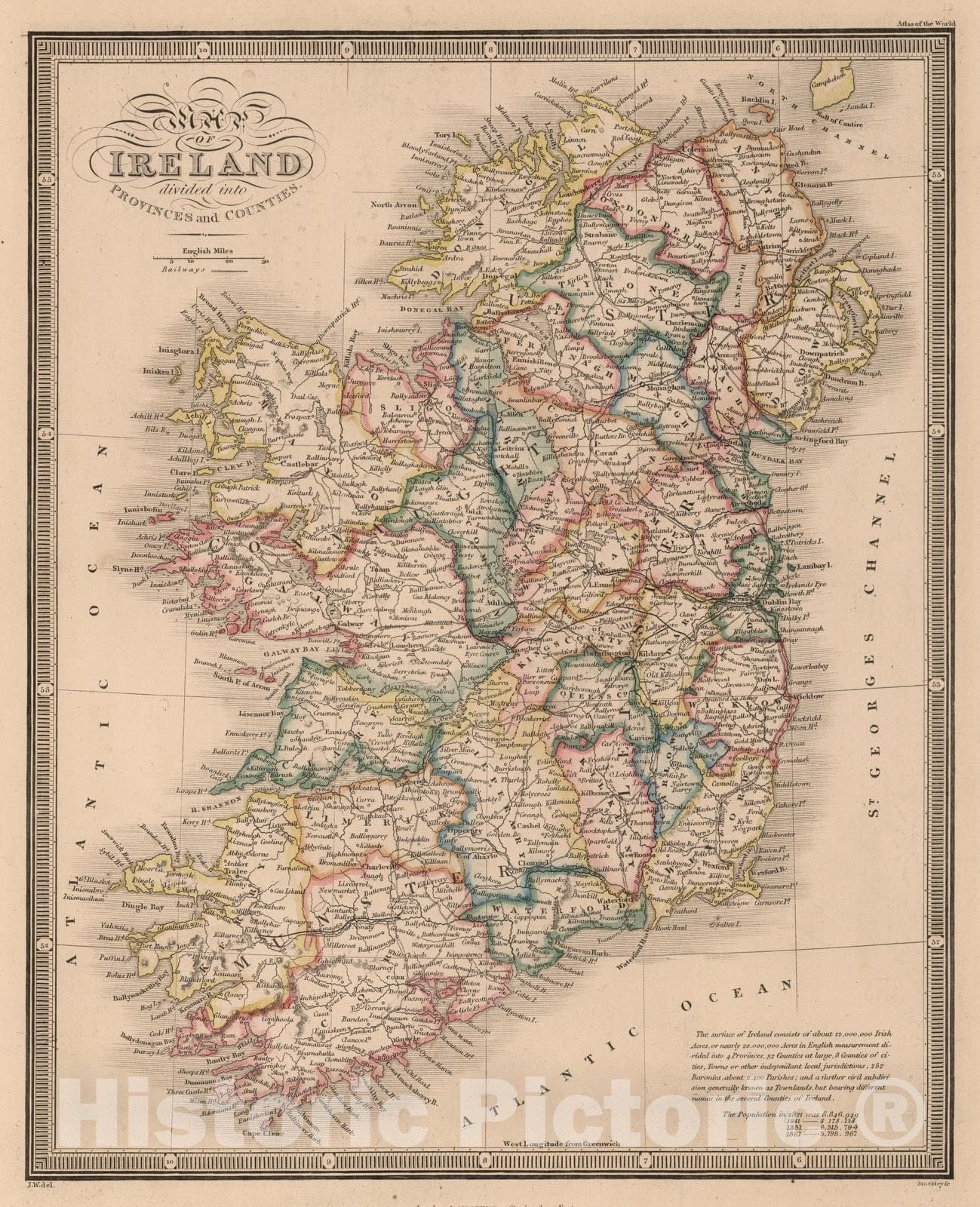 Historic Map : 1864 Map of Ireland Divided into Provinces and Counties - Vintage Wall Art