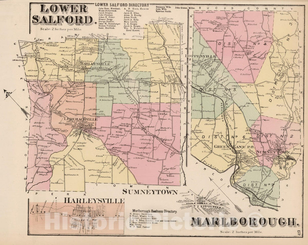 Historic Map : 1871 Lower Salford and Marlborough, Montogomery County, Pennsylvania. Harleysville. - Vintage Wall Art