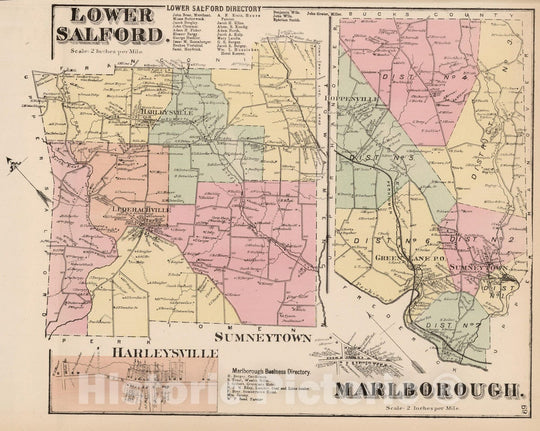 Historic Map : 1871 Lower Salford and Marlborough, Montogomery County, Pennsylvania. Harleysville. - Vintage Wall Art