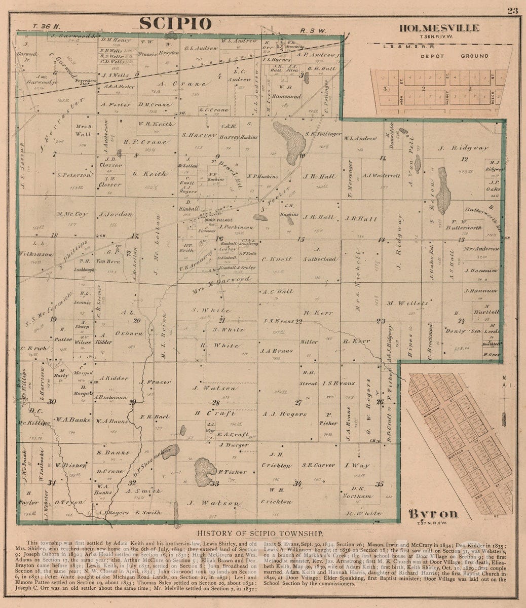 Historic Map : 1874 Scipio Township, Laporte County, Indiana. Holmesville. Byron. - Vintage Wall Art