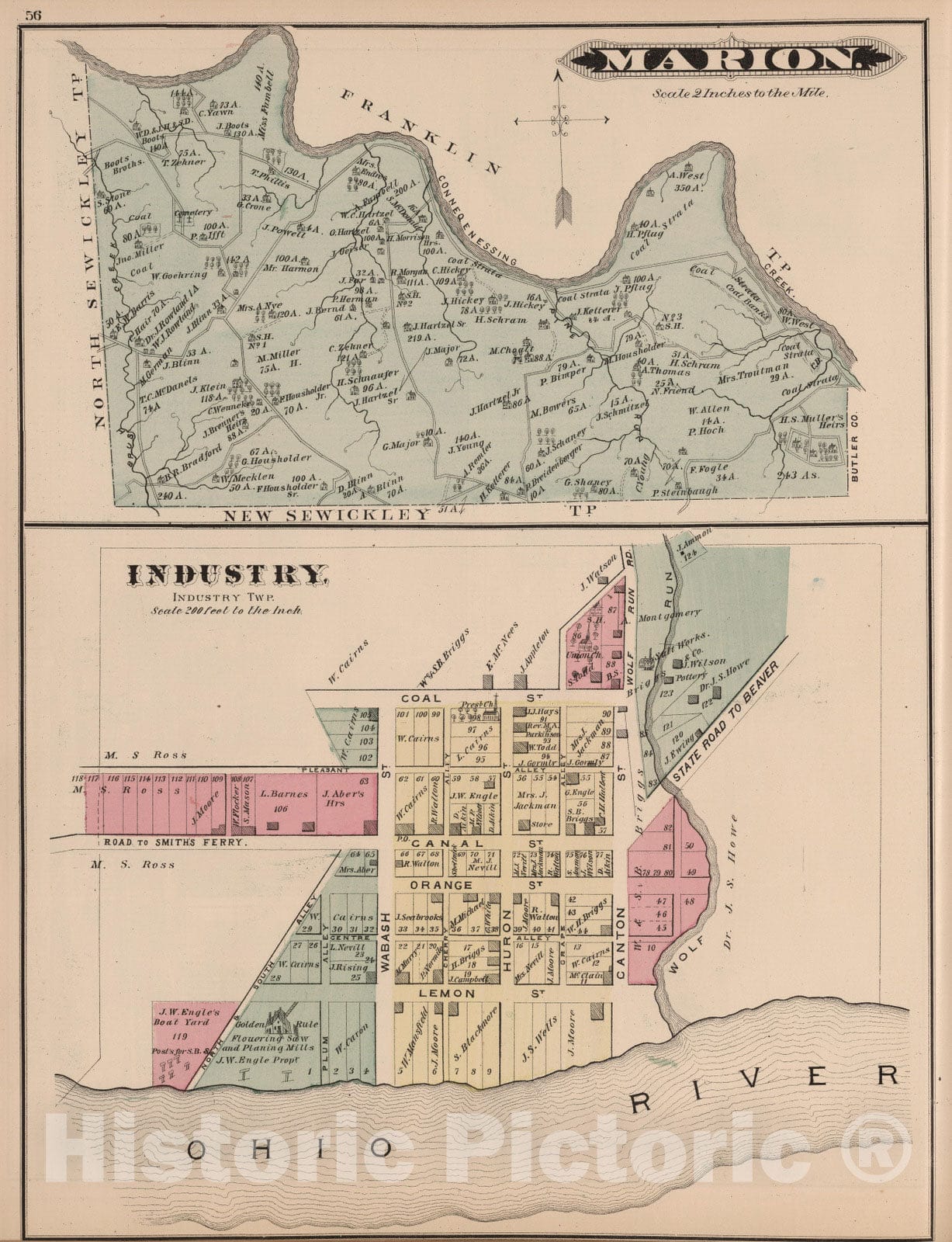 Historic Map : 1876 Marion Township ; Industry Township, Beaver Co. PA. - Vintage Wall Art