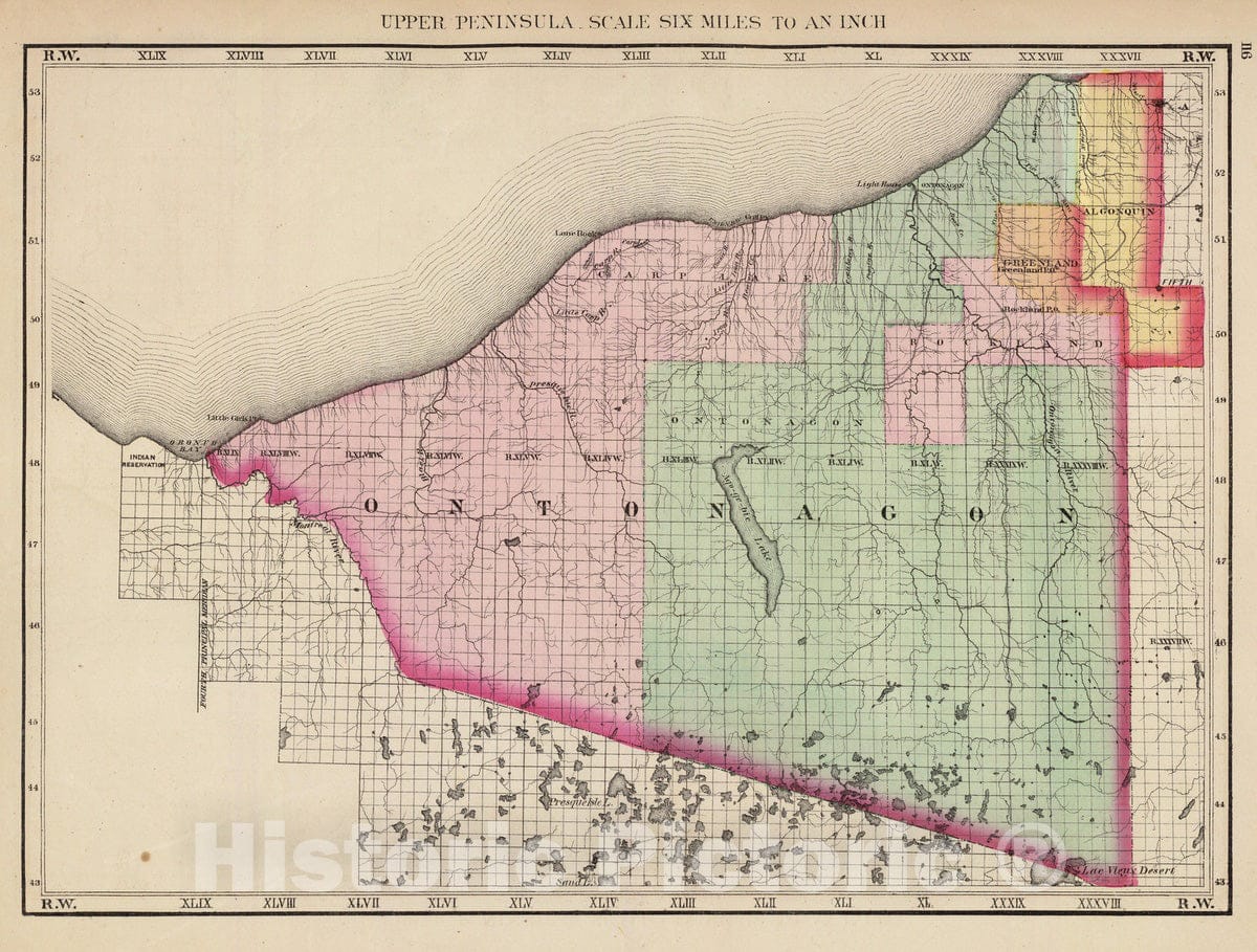 Historic Map : 1873 Upper Peninsula, scale six miles to an inch (Ontonagon County) - Vintage Wall Art