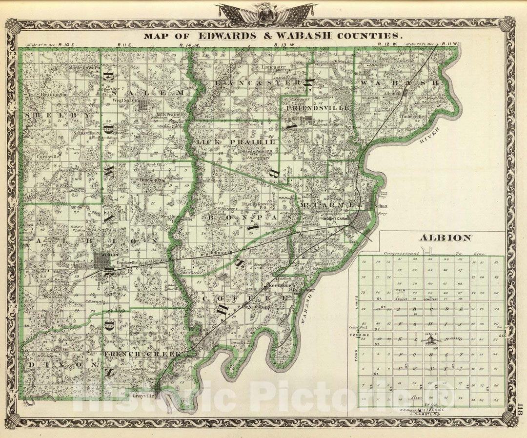 Historic Map : 1876 Map of Edwards & Wabash counties and Albion. - Vintage Wall Art