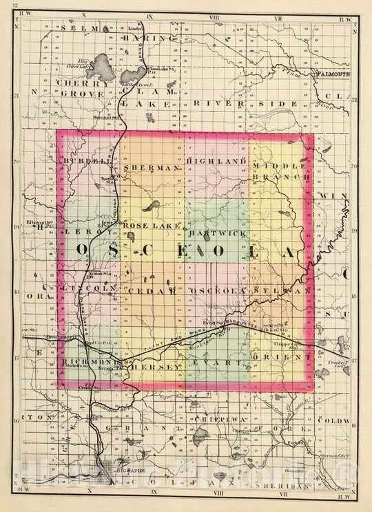 Historic Map : 1873 (Map of Osceola County, Michigan) - Vintage Wall Art