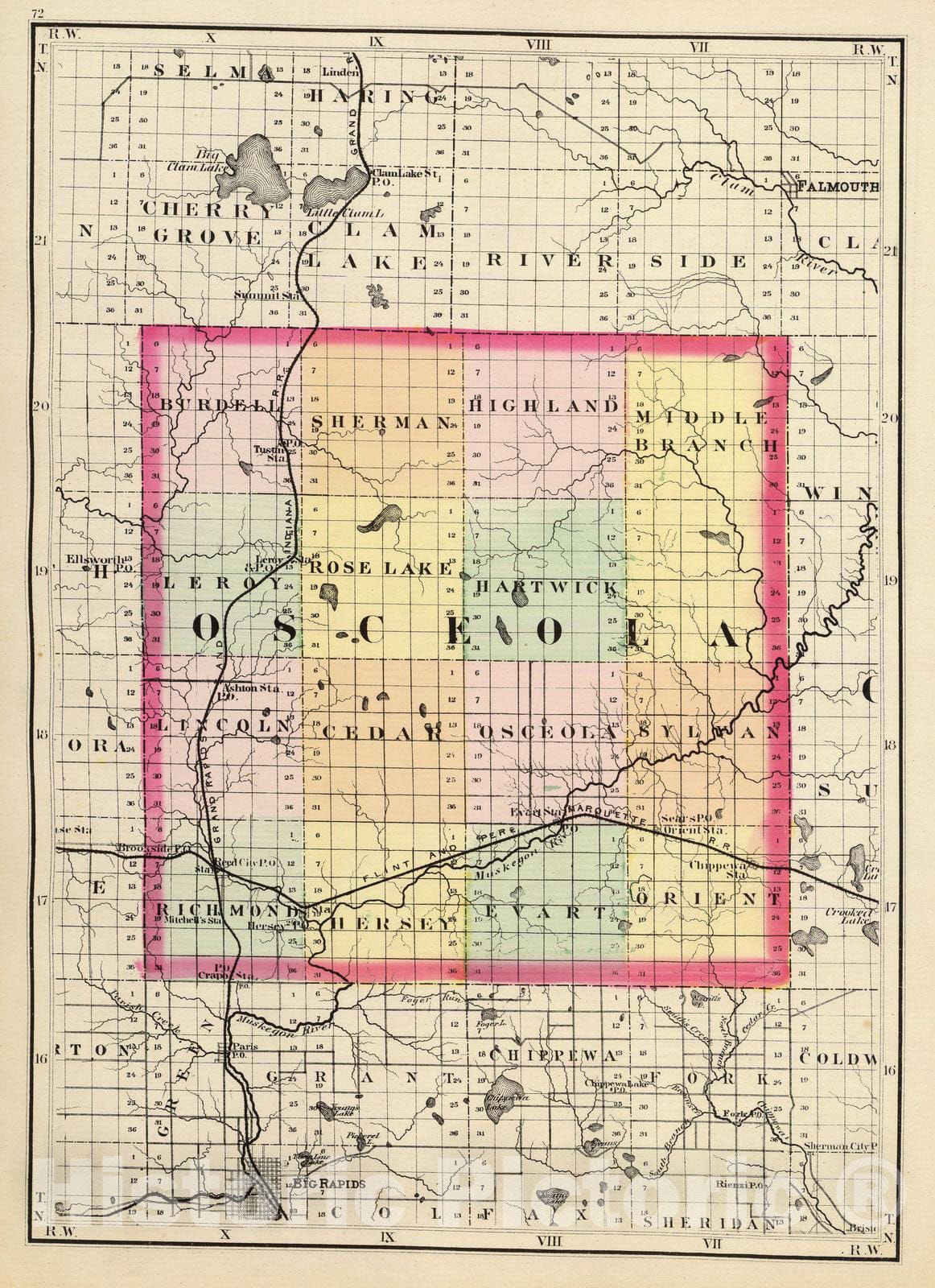 Historic Map : 1873 (Map of Osceola County, Michigan) - Vintage Wall Art