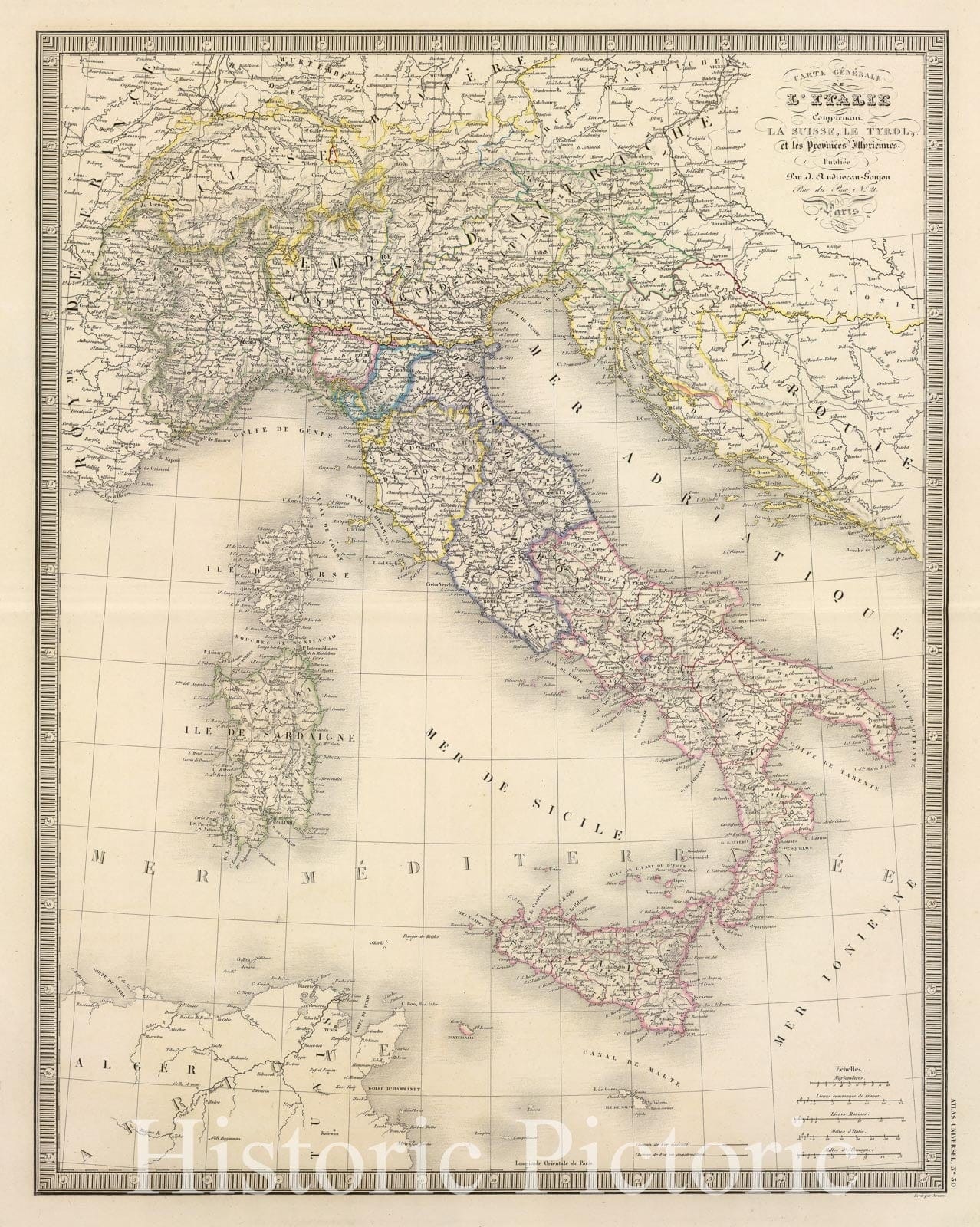 Historic Map : Italy; Switzerland, 1850 L'Italie. , Vintage Wall Art