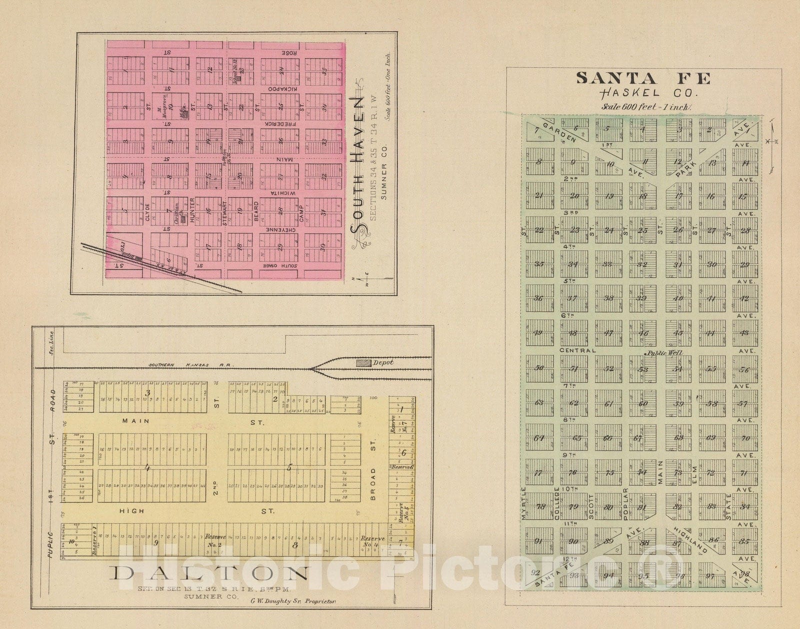 Historic Map : 1887 Santa Fe, Dalton and South Haven. - Vintage Wall Art