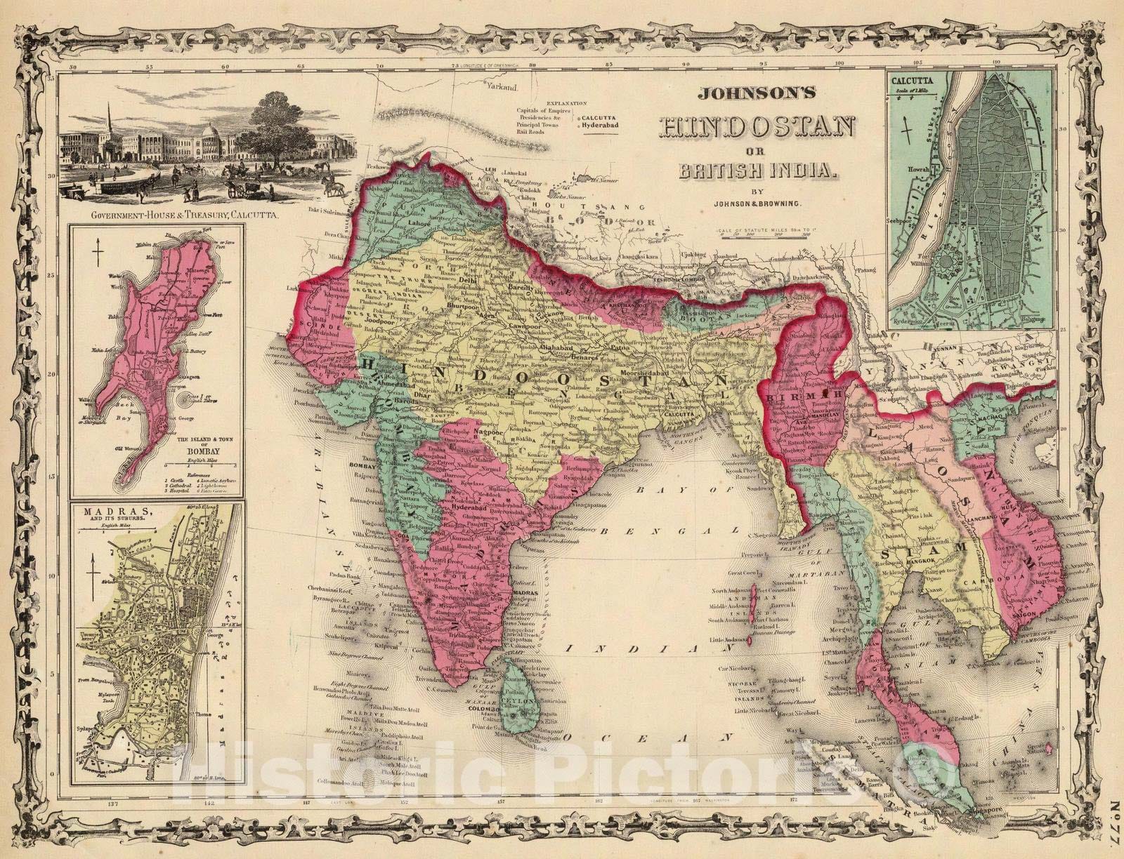 Historic Map : India; Thailand, 1860 Hindostan Or British India. , Vintage Wall Art