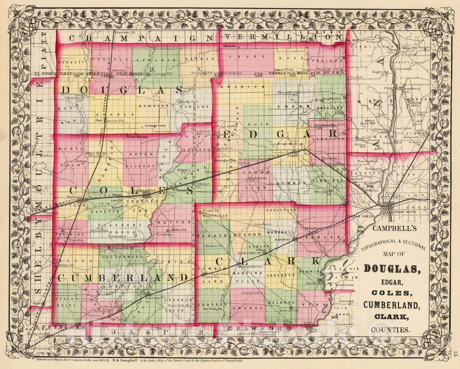 Historic Map : 1870 Douglas, Edgar, Coles, Cumberland, Clark counties. - Vintage Wall Art