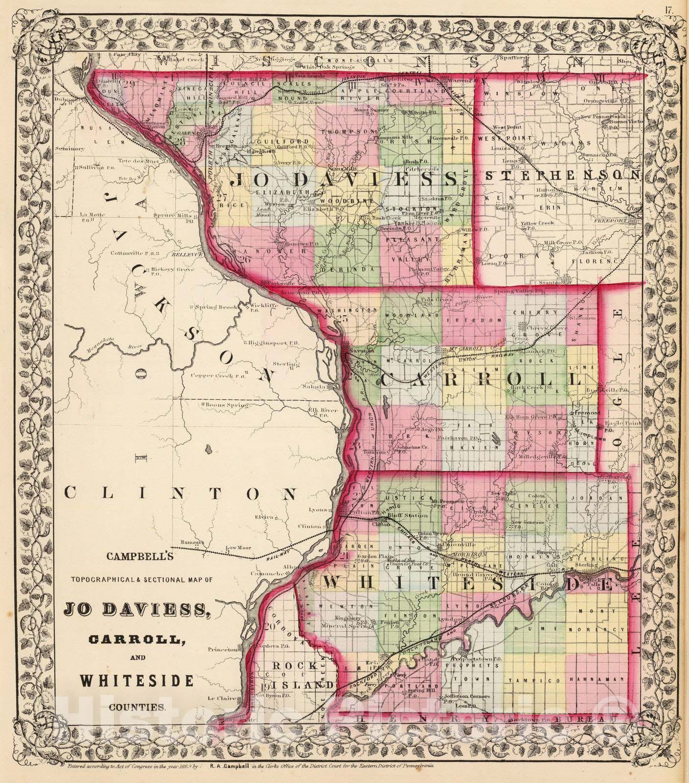Historic Map : 1870 Jo Daviess, Carroll, Whiteside counties. - Vintage Wall Art