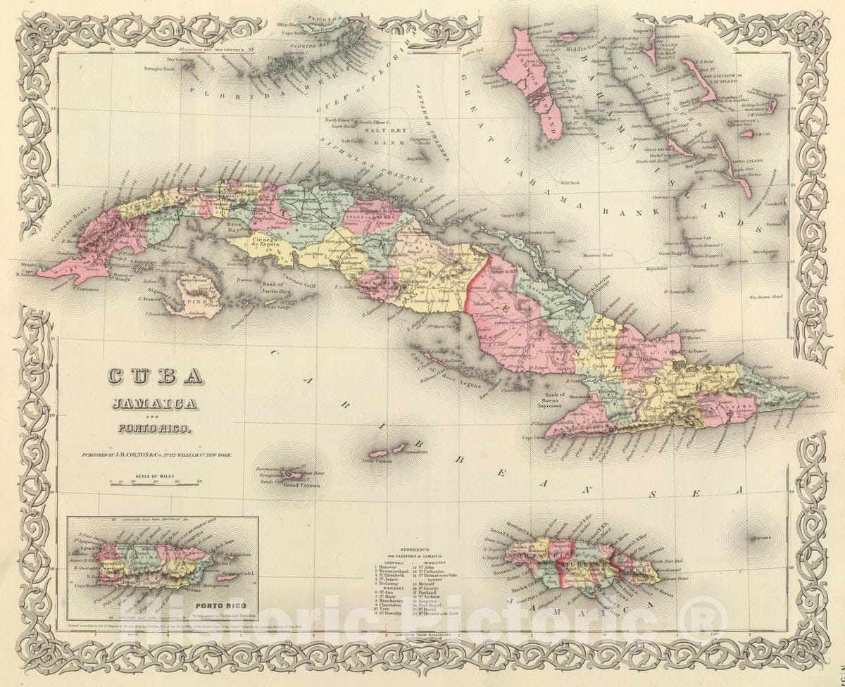 Historic Map : National Atlas - 1857 Cuba, Jamaica and Puerto Rico. - Vintage Wall Art