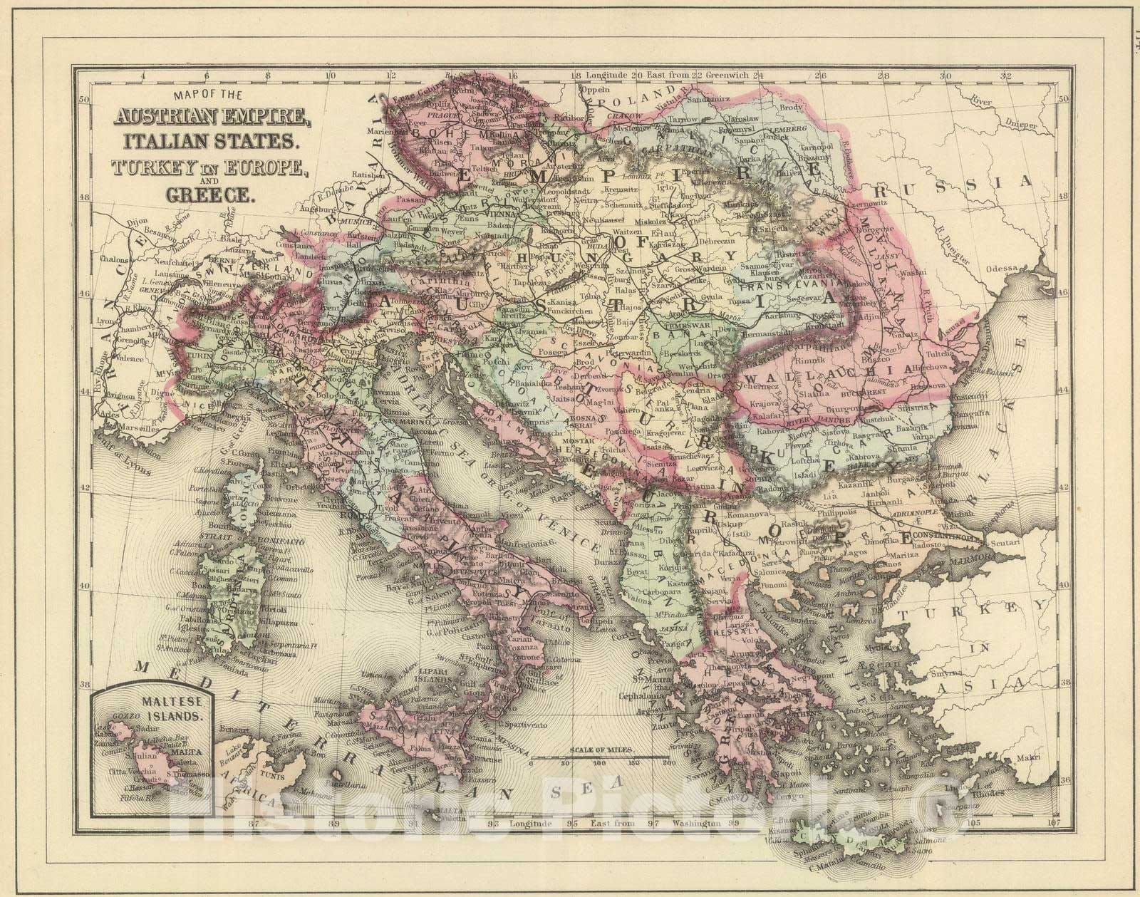 Historic Map : 1884 Austrian Empire, Italy, Turkey in Europe, Greece. - Vintage Wall Art