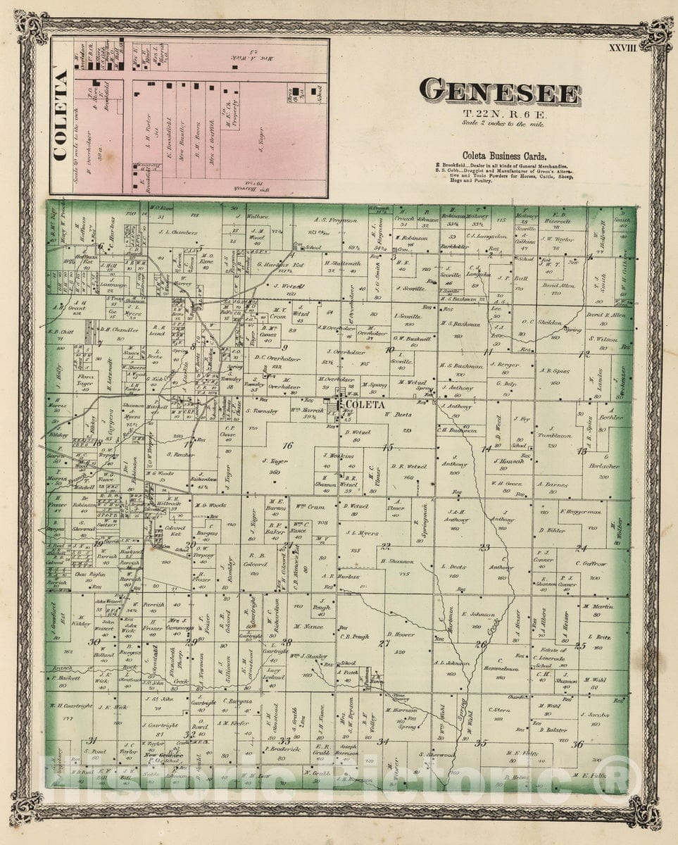 Historic Map : National Atlas - 1872 Genesee, Whiteside County, Illinois. Coleta. - Vintage Wall Art