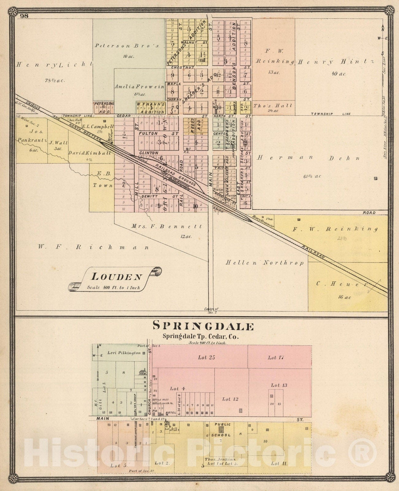 Historic Map : 1885 Louden and Springdale, Cedar County, Iowa. - Vintage Wall Art