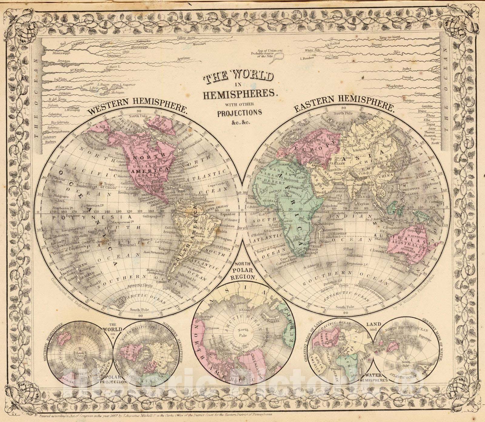 Historic Map : 1870 World hemispheres. - Vintage Wall Art
