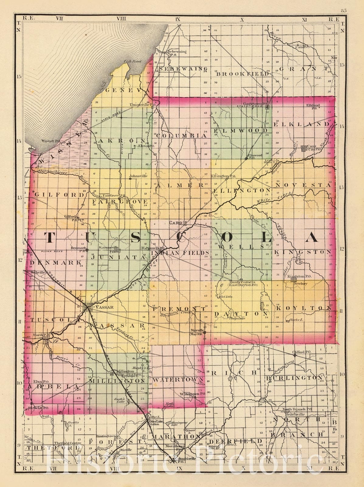 Historic Map : 1873 (Map of Tuscola County, Michigan) - Vintage Wall Art