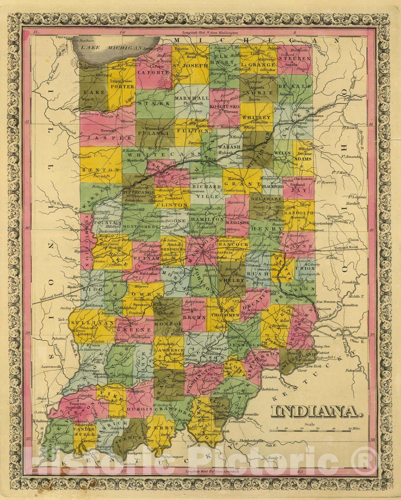 Historic Map : 1845 Indiana. - Vintage Wall Art