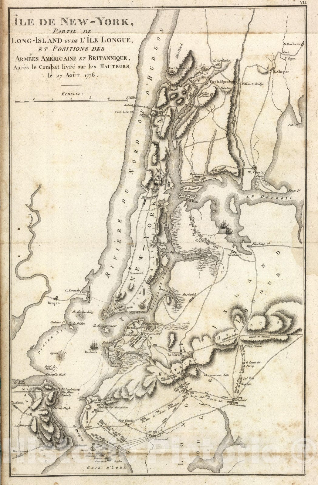 Historic Map : New York (N.Y.), York, 1807 Ile de New York et Positions des Armees Americaine et Britannique, 27 Aout 1776. , Vintage Wall Art