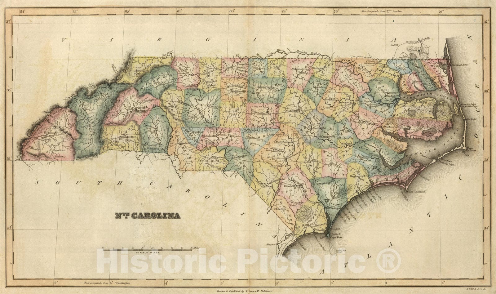 Historic Map : 1822 Nth. Carolina. - Vintage Wall Art