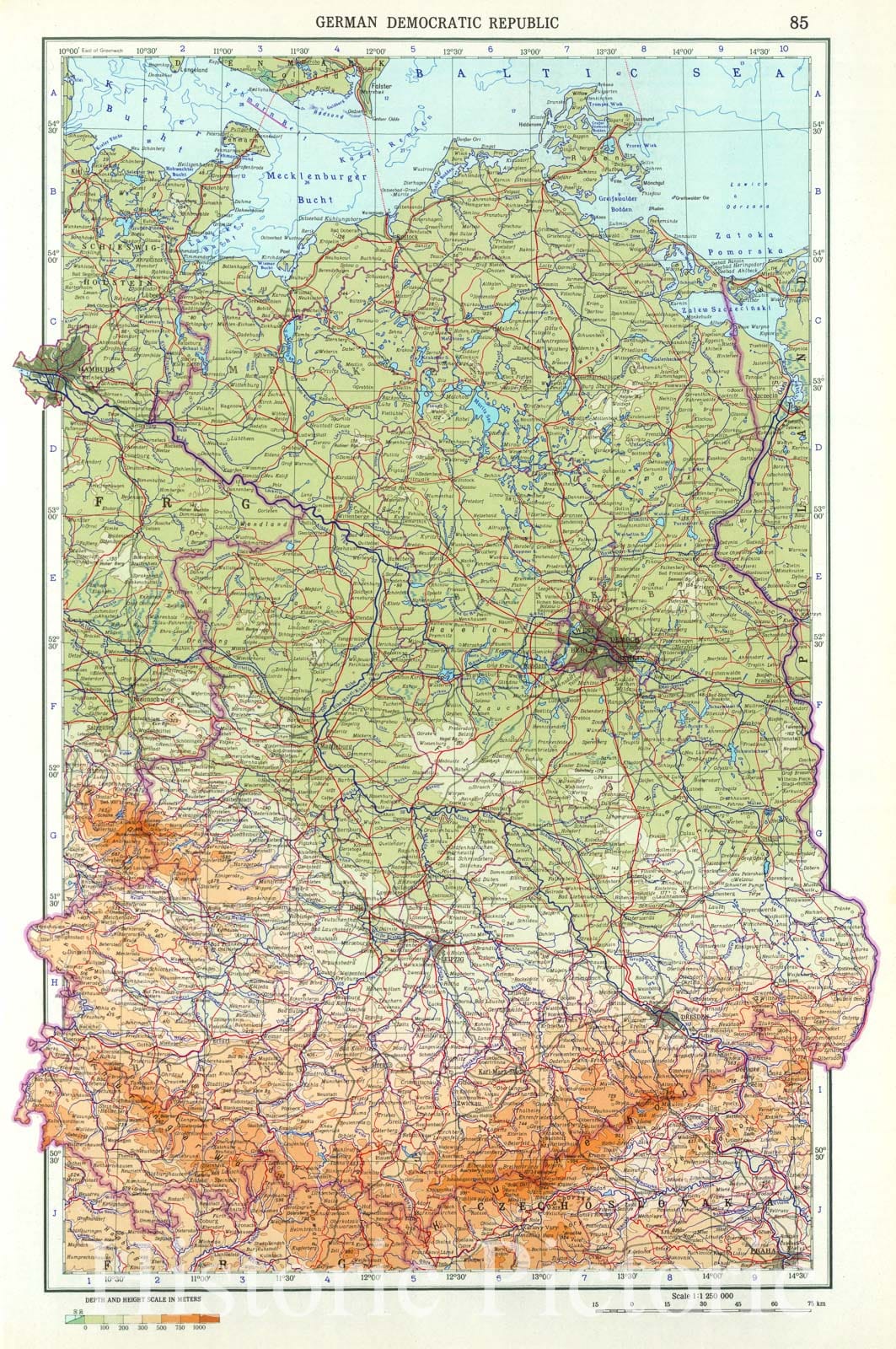 Historic Wall Map : 1967 85. German Democratic Republic (East Germany). The World Atlas. - Vintage Wall Art