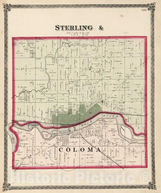 Historic Map - National Atlas - 1872 Sterling & Coloma, Whiteside County, Illinois. - Vintage Wall Art