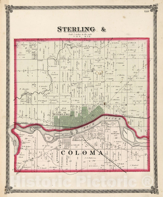 Historic Map - National Atlas - 1872 Sterling & Coloma, Whiteside County, Illinois. - Vintage Wall Art