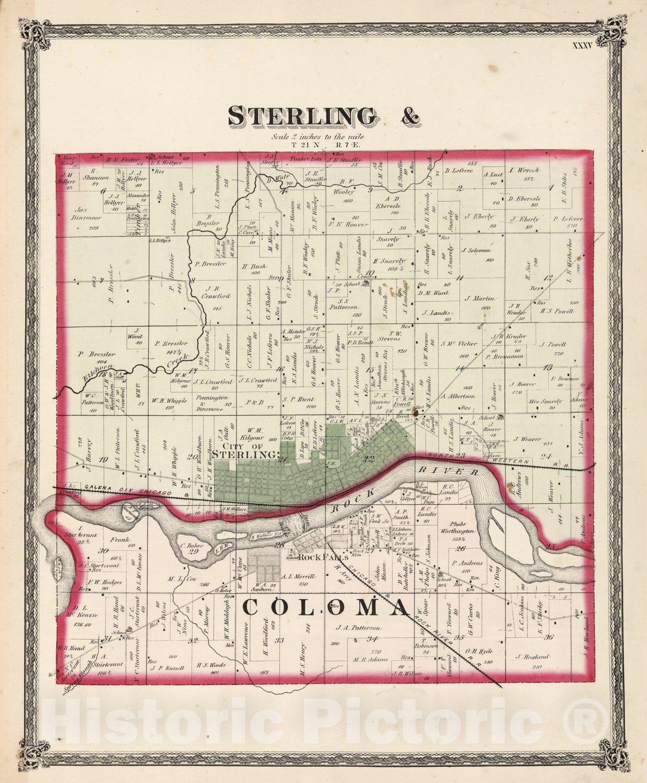 Historic Map - National Atlas - 1872 Sterling & Coloma, Whiteside County, Illinois. - Vintage Wall Art