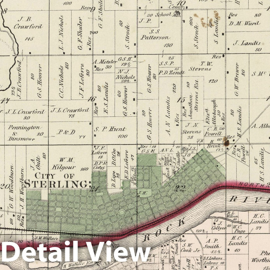 Historic Map - National Atlas - 1872 Sterling & Coloma, Whiteside County, Illinois. - Vintage Wall Art
