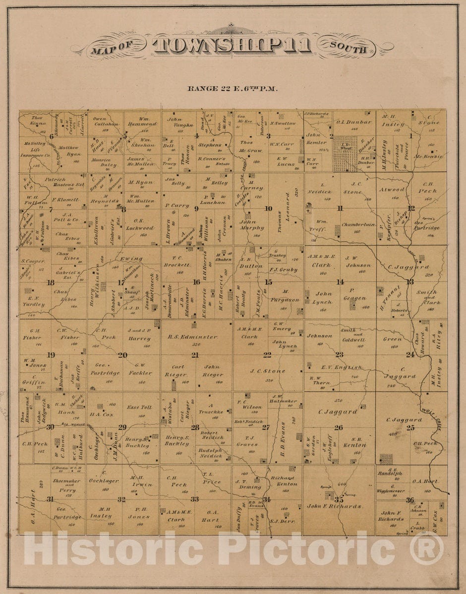 Historic Map : 1878 Township 11 South, Range 22 E, Leavenworth County, Kansas - Vintage Wall Art