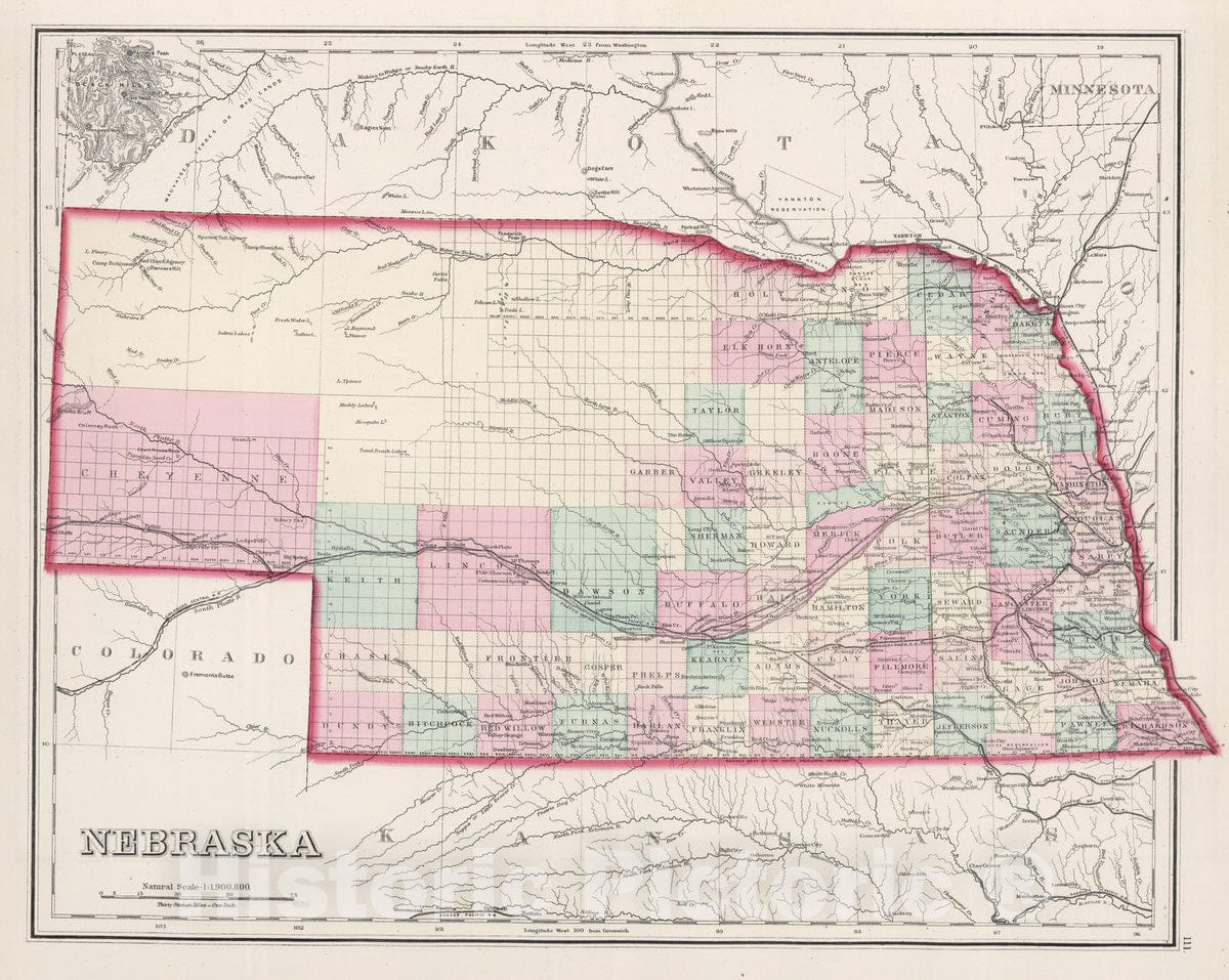 Historic Map : 1878 Nebraska. - Vintage Wall Art