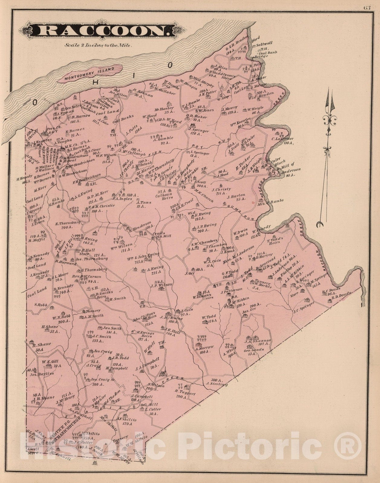 Historic Map : 1876 Raccoon Township, Beaver Co. PA. - Vintage Wall Art