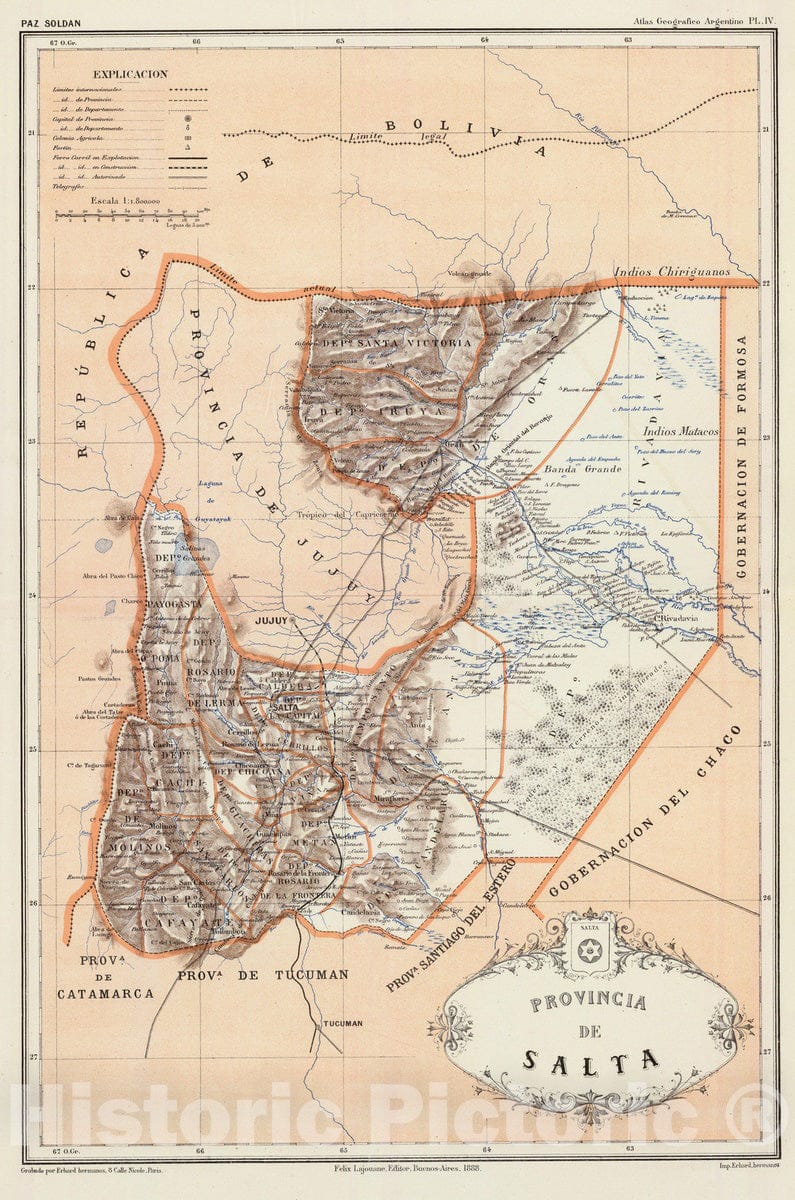 Historic Map : Argentina, Salta (Argentina : Province) 1888 Provincia de Salta. , Vintage Wall Art
