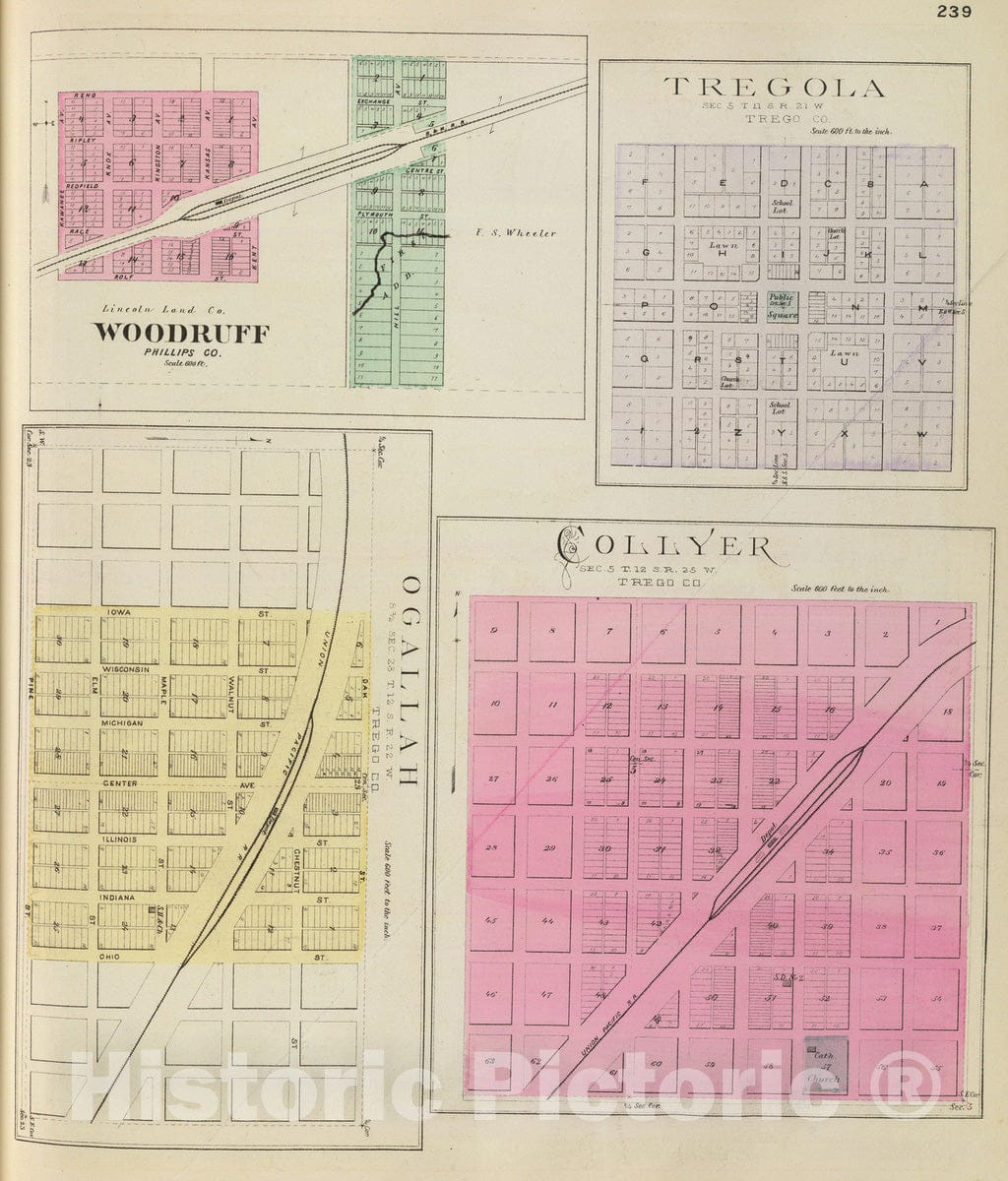 Historic Map : 1887 Woodruff, Tregola, Ogallah, Collyer. - Vintage Wall Art