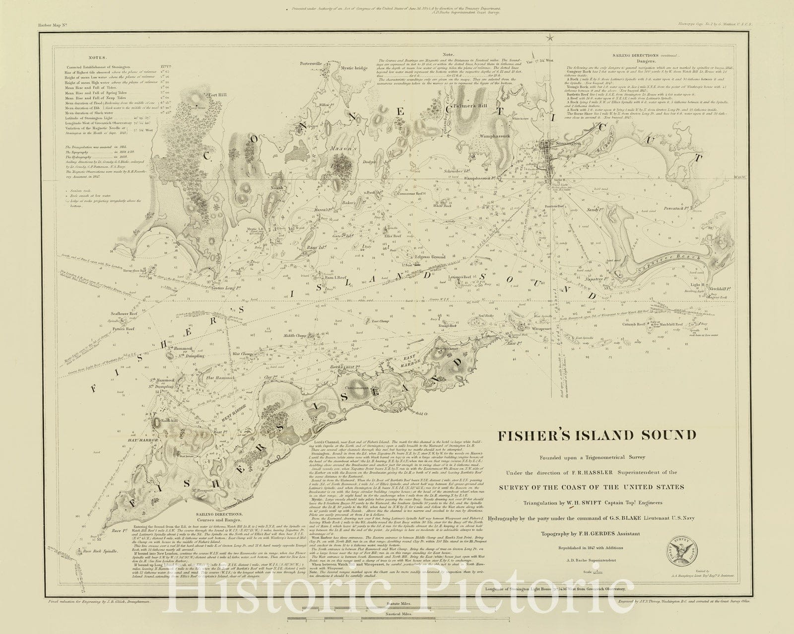 Historic Map : Chart Atlas - 1847 Fisher's Island Sound. - Vintage Wall Art