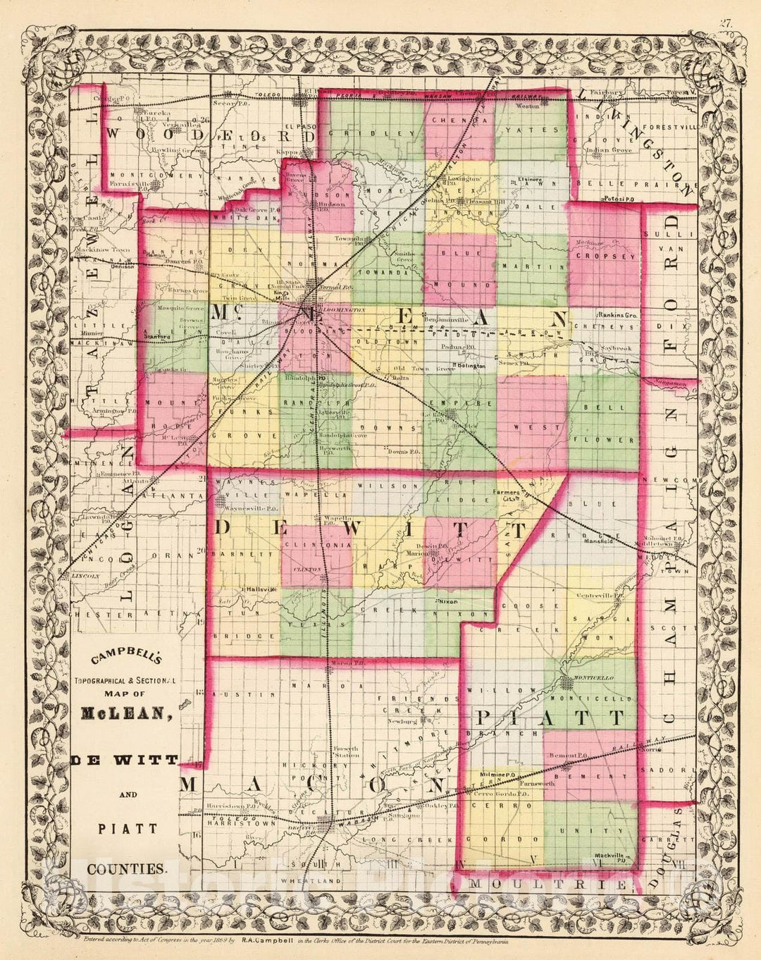 Historic Map : 1870 McLean, De Witt, Piatt counties. - Vintage Wall Art