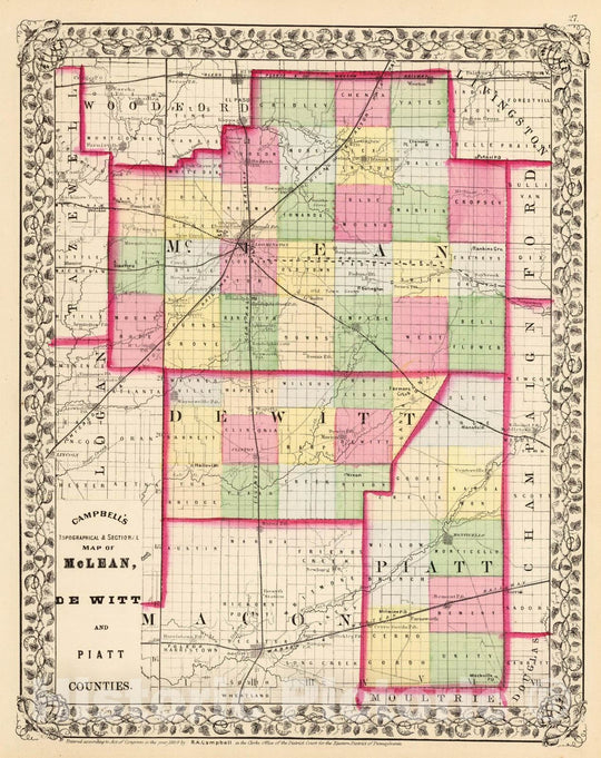 Historic Map : 1870 McLean, De Witt, Piatt counties. - Vintage Wall Art