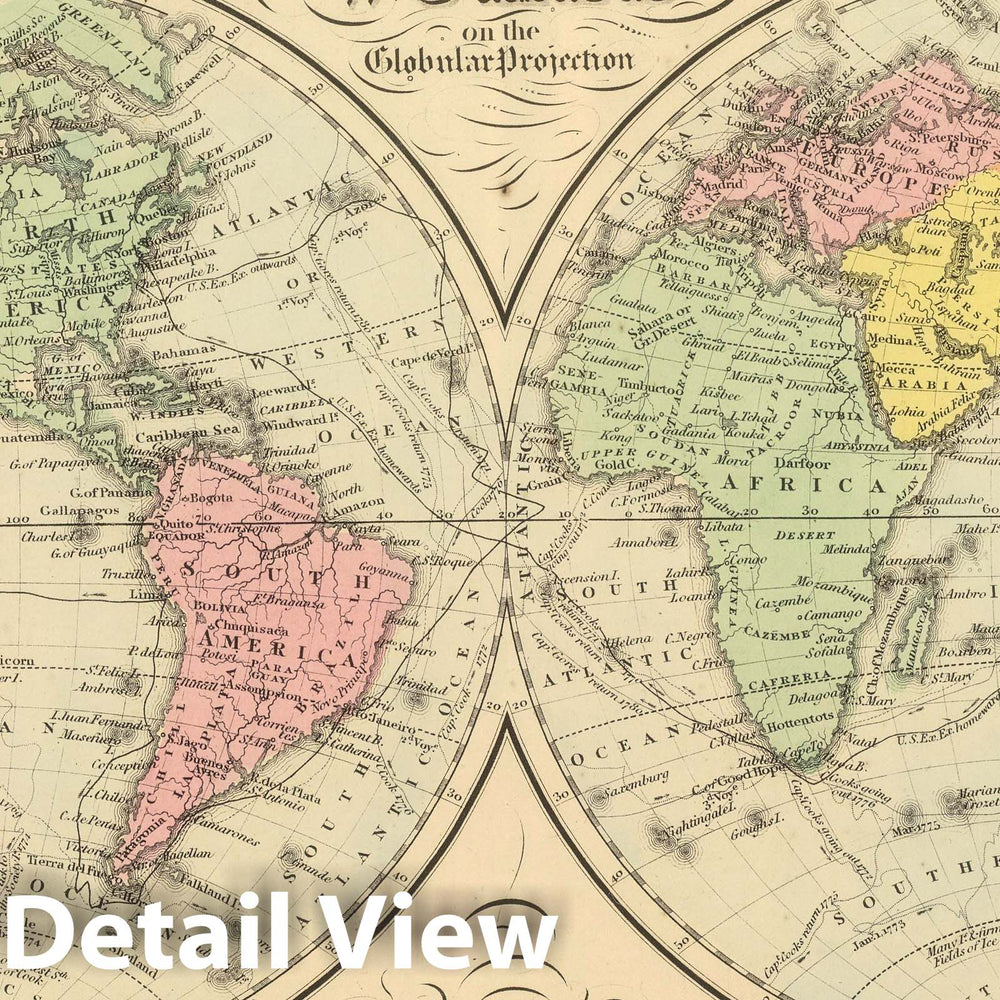Historic Map : 1859 The World on the Globular Projection - Vintage Wall Art
