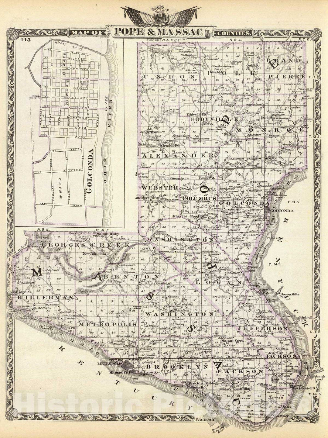 Historic Map : 1876 Map of Pope & Massac counties and Golconda. - Vintage Wall Art