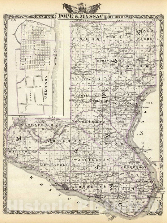 Historic Map : 1876 Map of Pope & Massac counties and Golconda. - Vintage Wall Art