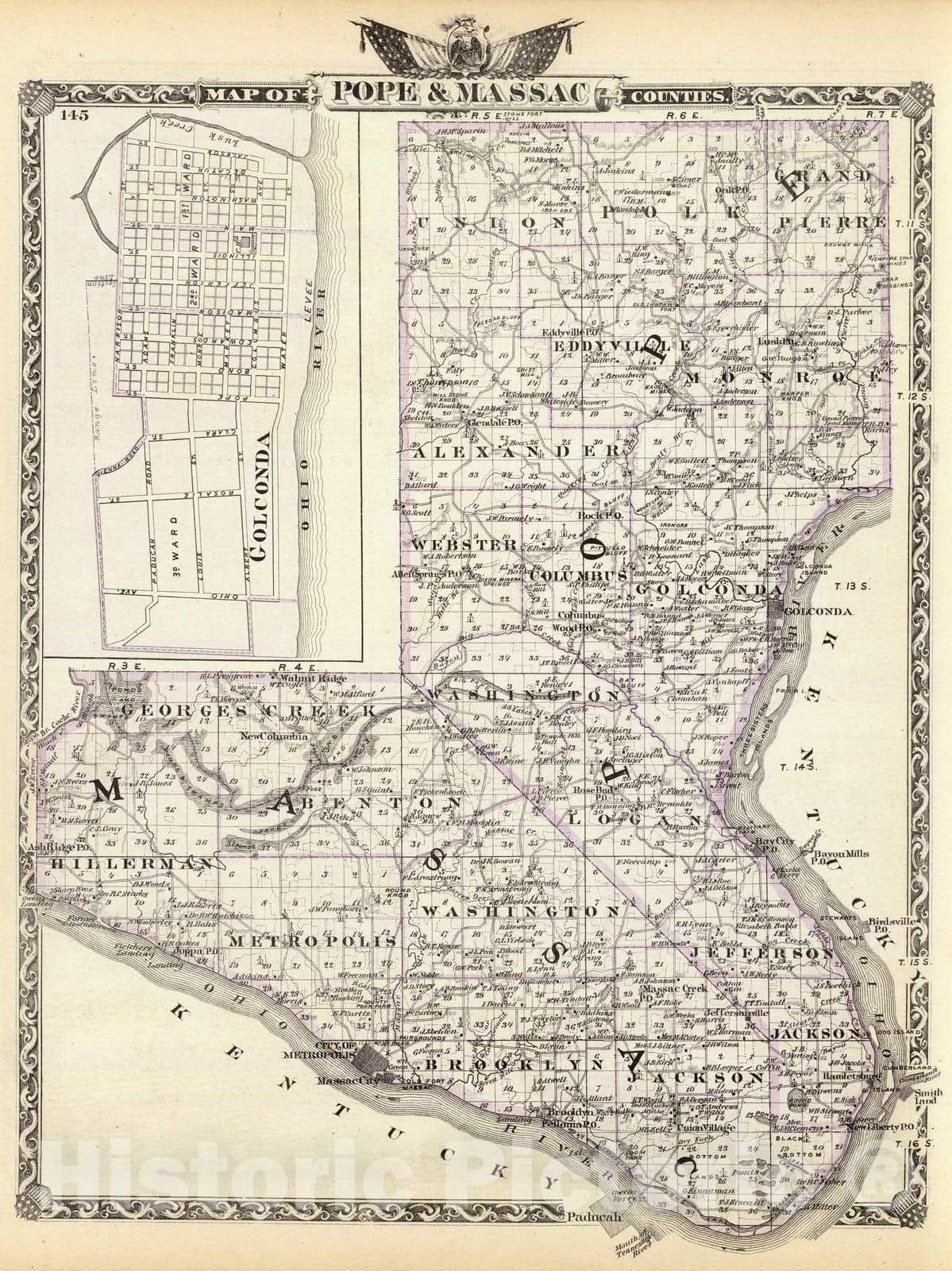 Historic Map : 1876 Map of Pope & Massac counties and Golconda. - Vintage Wall Art