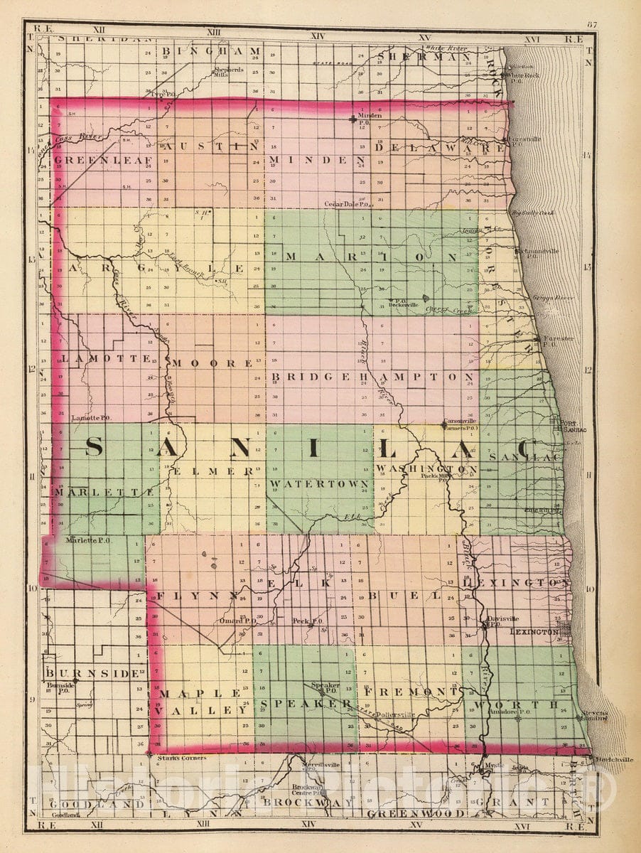 Historic Map : 1873 (Map of Sanilac County, Michigan) - Vintage Wall Art