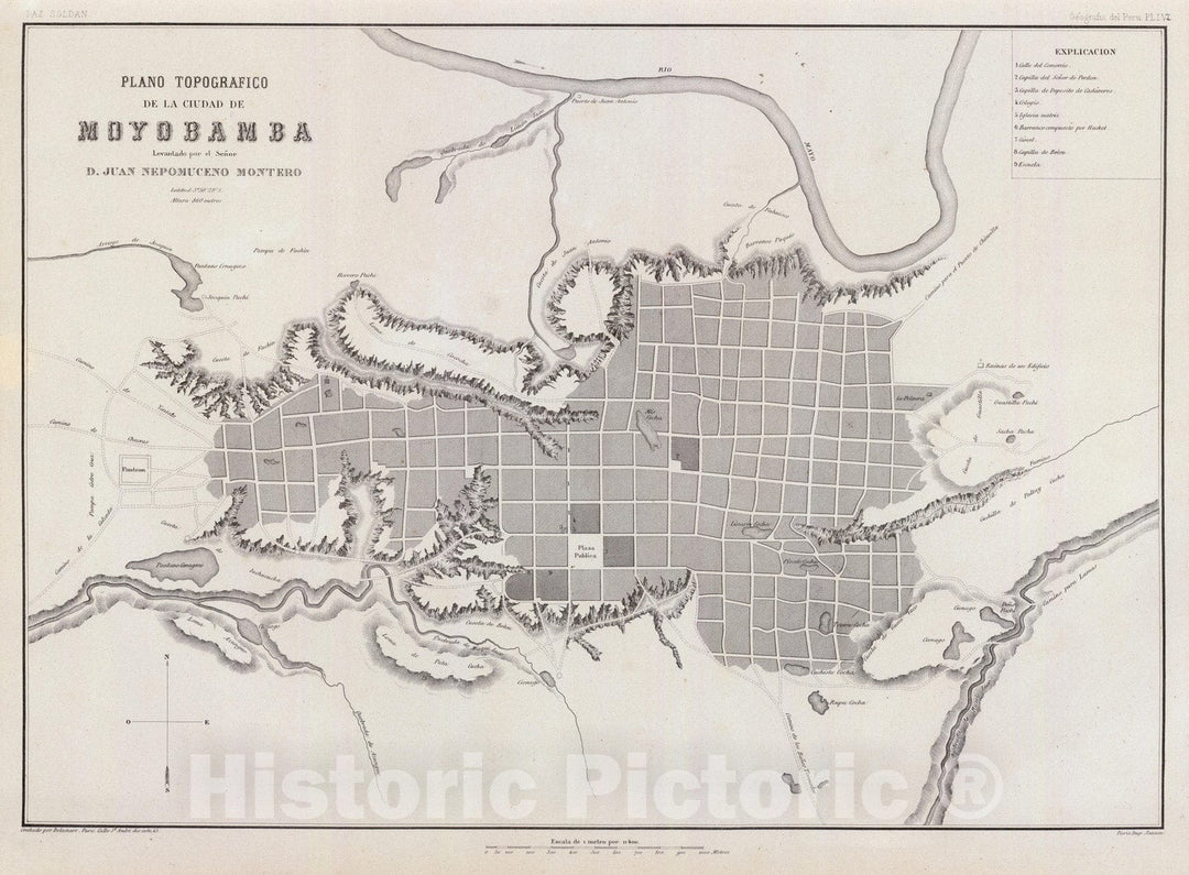 Historic Map : Peru , Moyobamba (Peru), 1865 Plano topografico, Ciudad de Moyobamba. , Vintage Wall Art