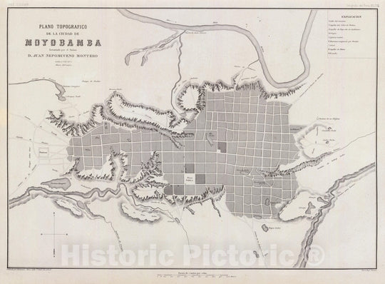 Historic Map : Peru , Moyobamba (Peru), 1865 Plano topografico, Ciudad de Moyobamba. , Vintage Wall Art
