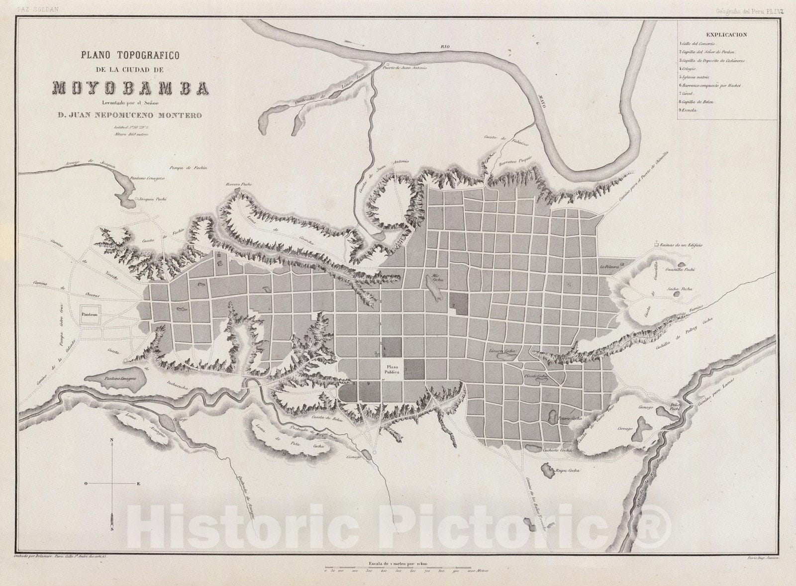 Historic Map : Peru , Moyobamba (Peru), 1865 Plano topografico, Ciudad de Moyobamba. , Vintage Wall Art