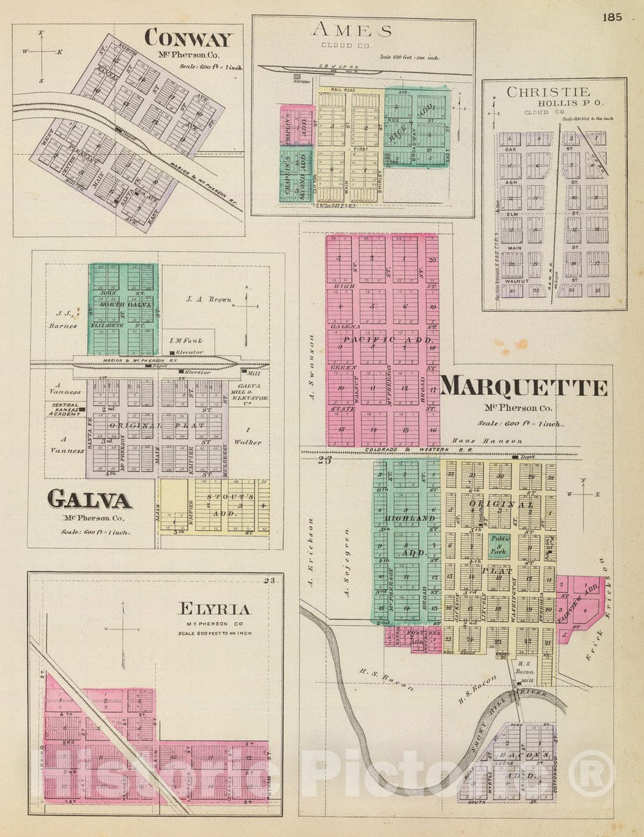 Historic Map : 1887 Marquette, Conway, Galva, Elyria, Ames, Christie. - Vintage Wall Art