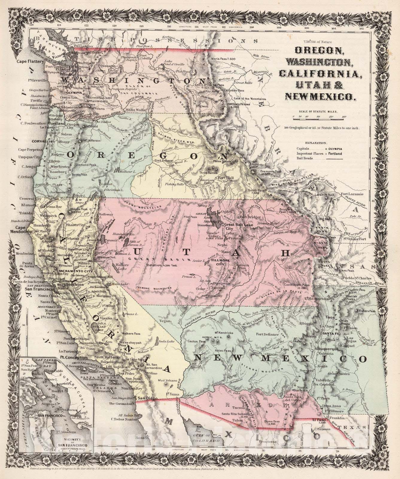 Historic Map : 1858 Oregon, Washington, California, Utah, and New Mexico. - Vintage Wall Art