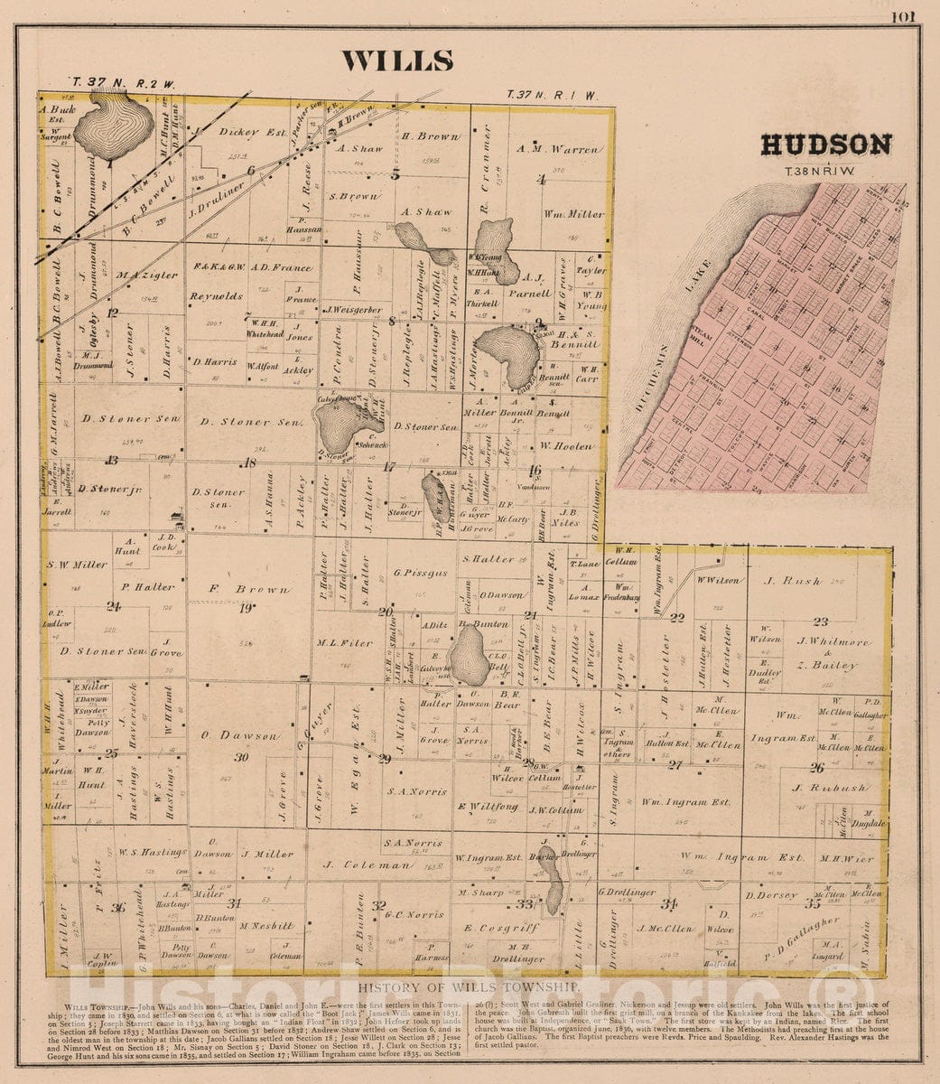 Historic Map : 1874 Wills Township, Laporte County, Indiana. - Vintage Wall Art